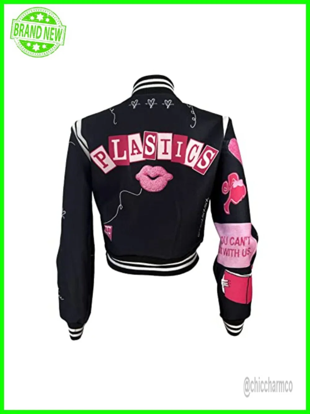 Vintage Cropped Varsity Jacket Women Letterman Patch Striped Hem Casual Coat